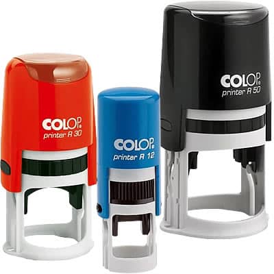 Carimbos Redondos Personalizados COLOP R12 R30 R50 Carimbos redondos COLOP R12, R30 e R50 em várias cores e tamanhos