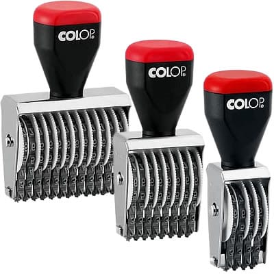 Numeradores manuais Colop com corpo metálico e dígitos ajustáveis