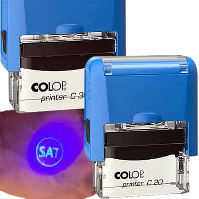Carimbos automáticos COLOP com tinta invisível UV, visível apenas sob luz ultravioleta